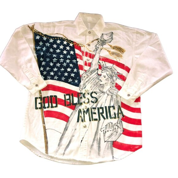 4TH OF JULY DENIM SHIRT SIZE L ALL OVER PRINT GOD BLESS AMERICA USA MADE MENS - Picture 1 of 6